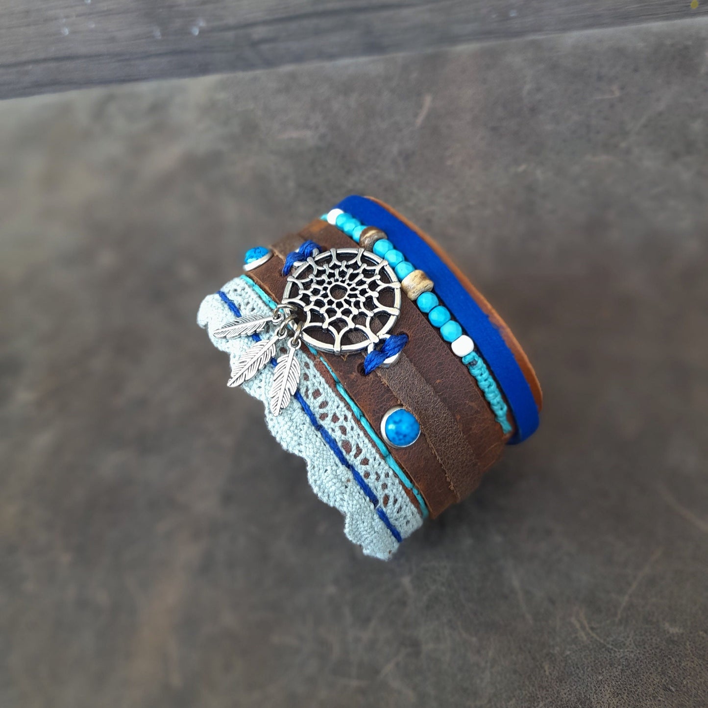 Extra Wide Dream Catcher Boho Leather Cuff