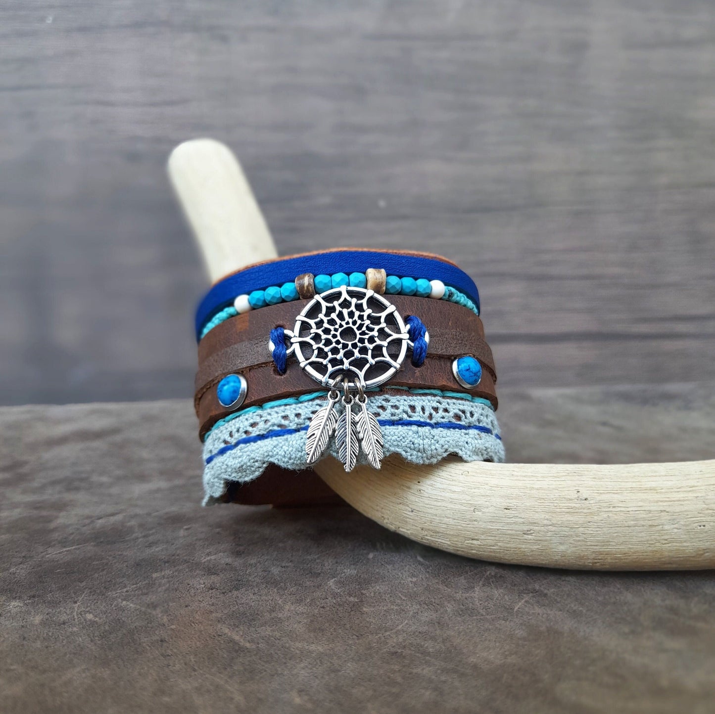 Extra Wide Dream Catcher Boho Leather Cuff