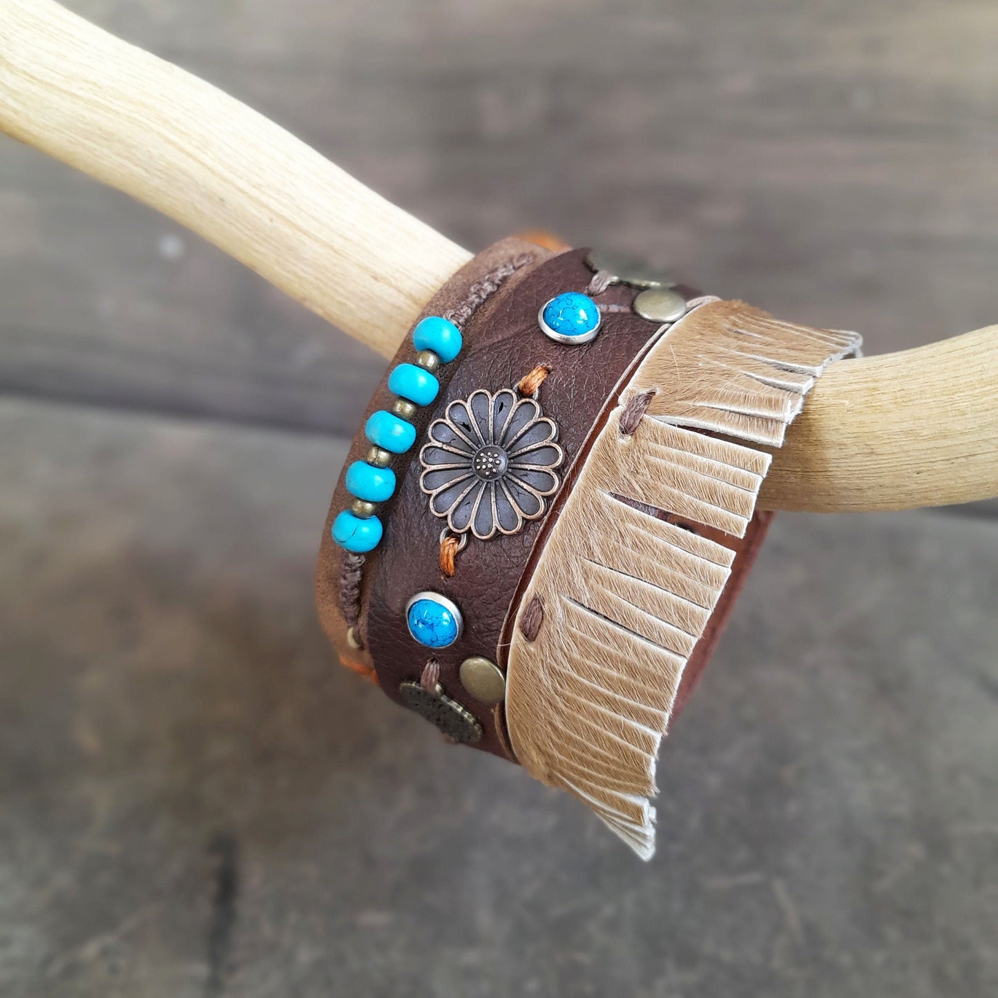 Extra Wide Chunky Boho Leather Cuff with Floral Charms and Fringe