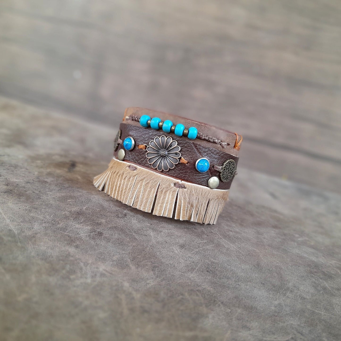 Extra Wide Chunky Boho Leather Cuff with Floral Charms and Fringe