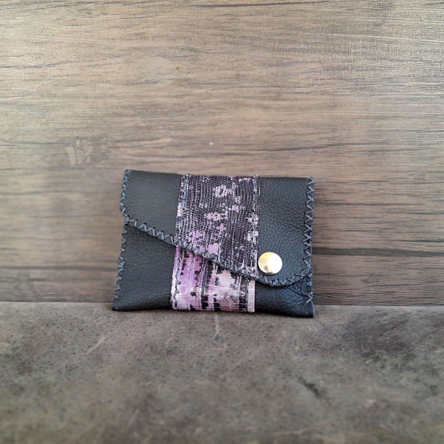 Black Mini Wallet with Purple Snake Print