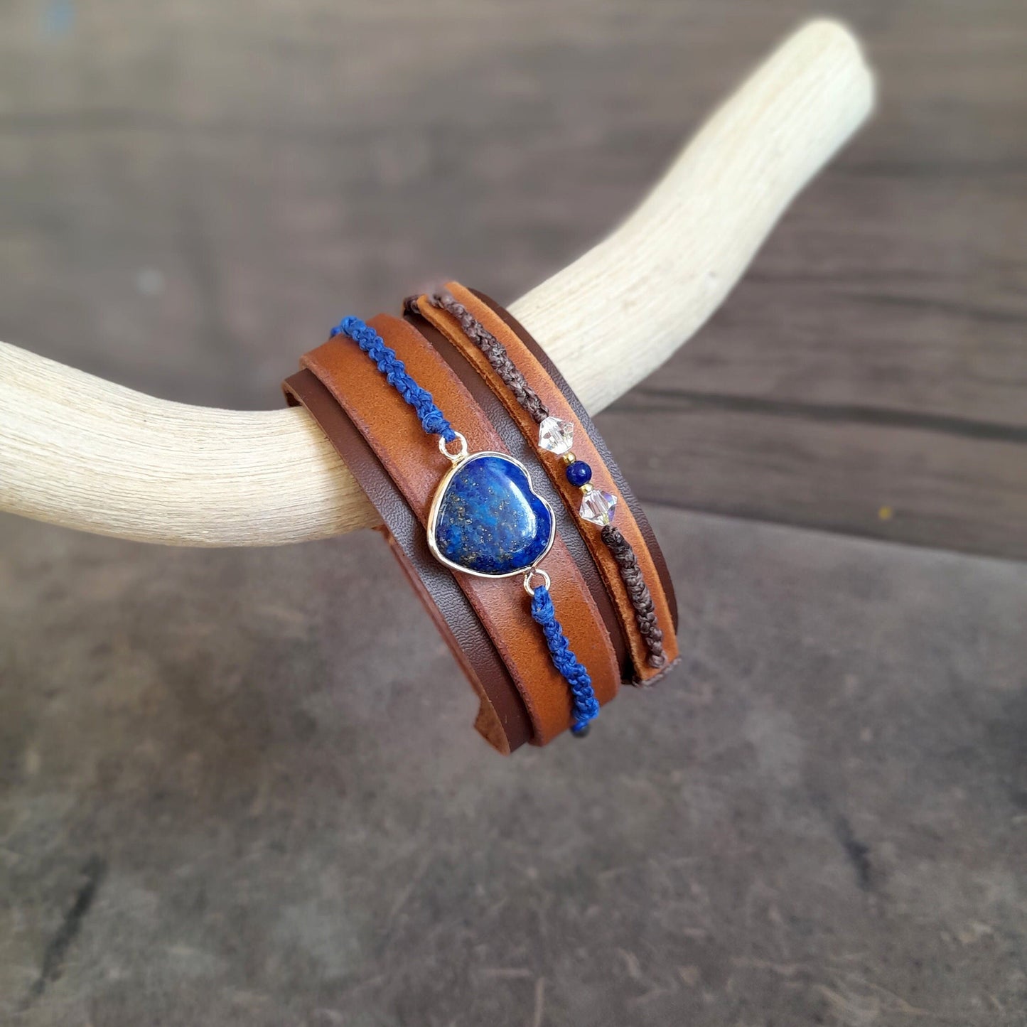 Multistrand Lapis Lazuli Wide Leather Cuff Bracelet