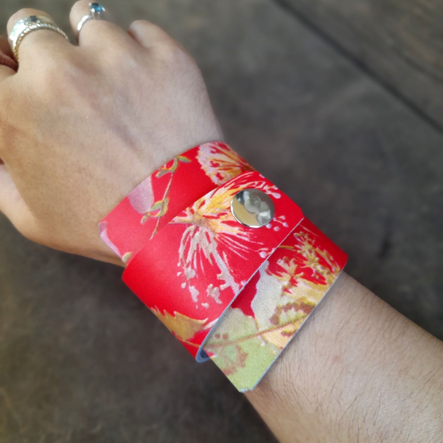 Extra Wide Irregular Japanese Floral Red Leather Cuff