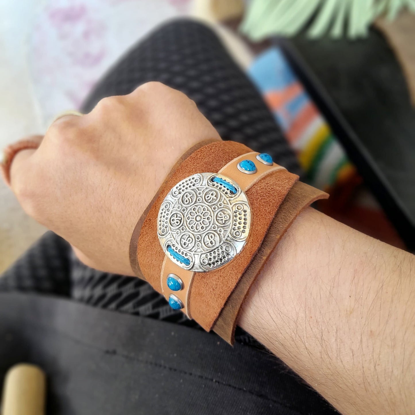 Extra Wide Boho Leather Cuff with Oversized Concho