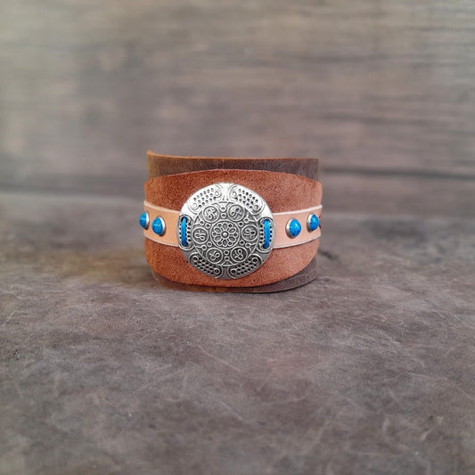 Extra Wide Boho Leather Cuff with Oversized Concho