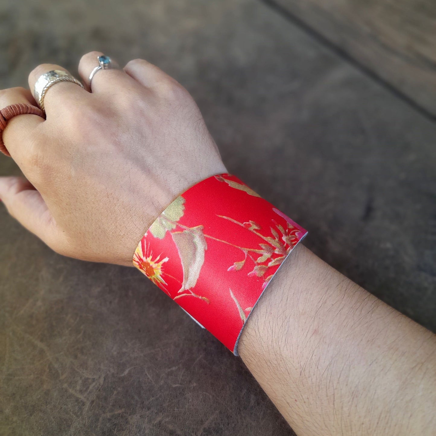 Extra Wide Irregular Japanese Floral Red Leather Cuff