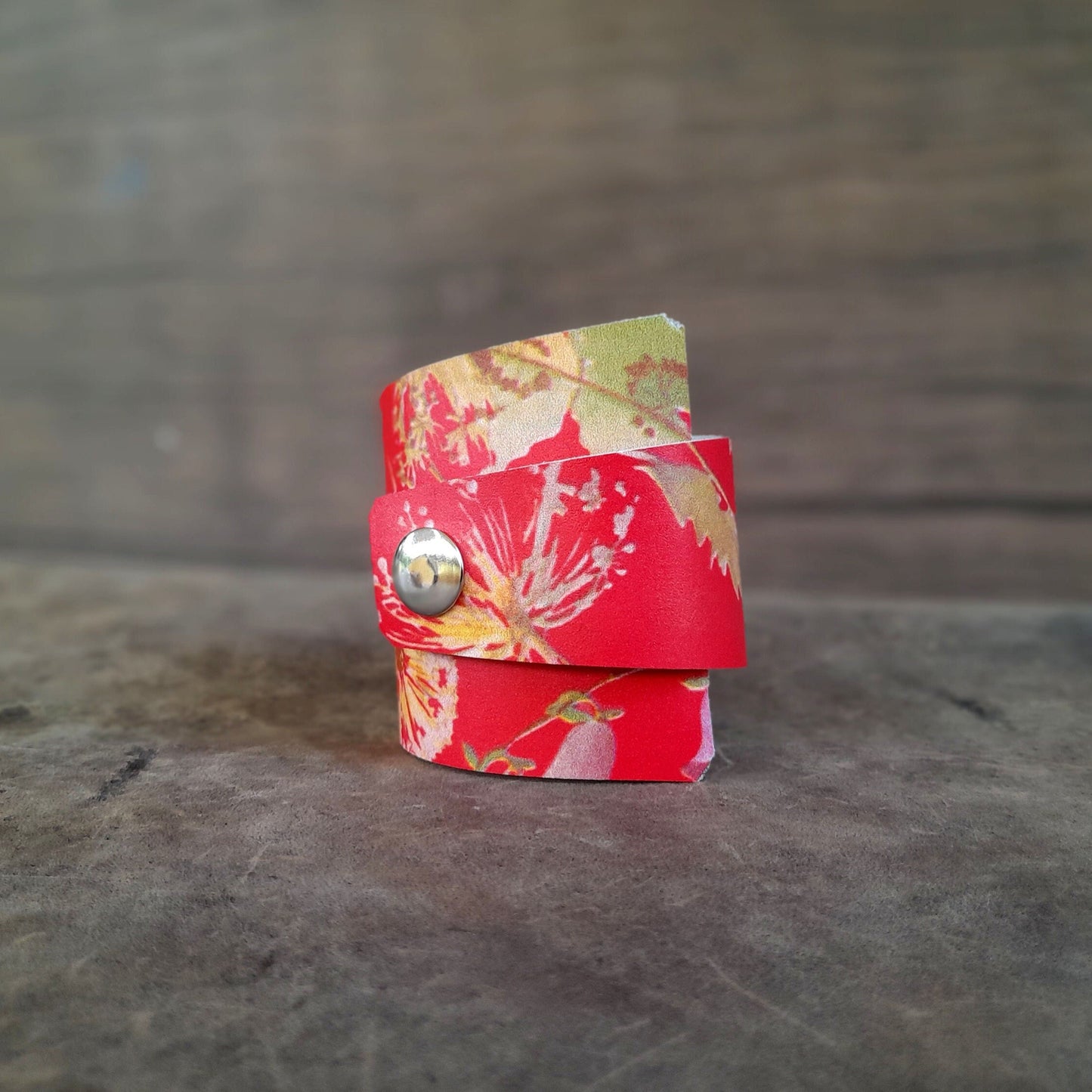 Extra Wide Irregular Japanese Floral Red Leather Cuff