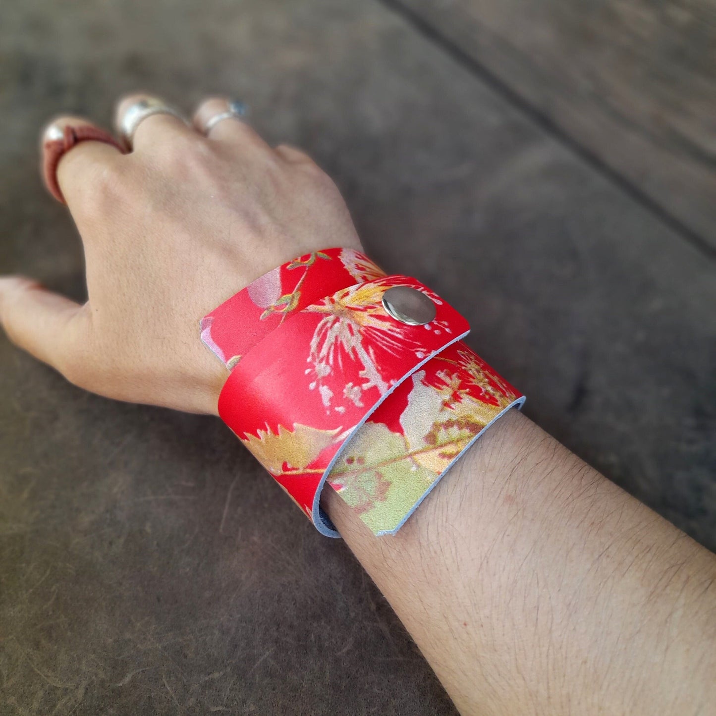 Extra Wide Irregular Japanese Floral Red Leather Cuff