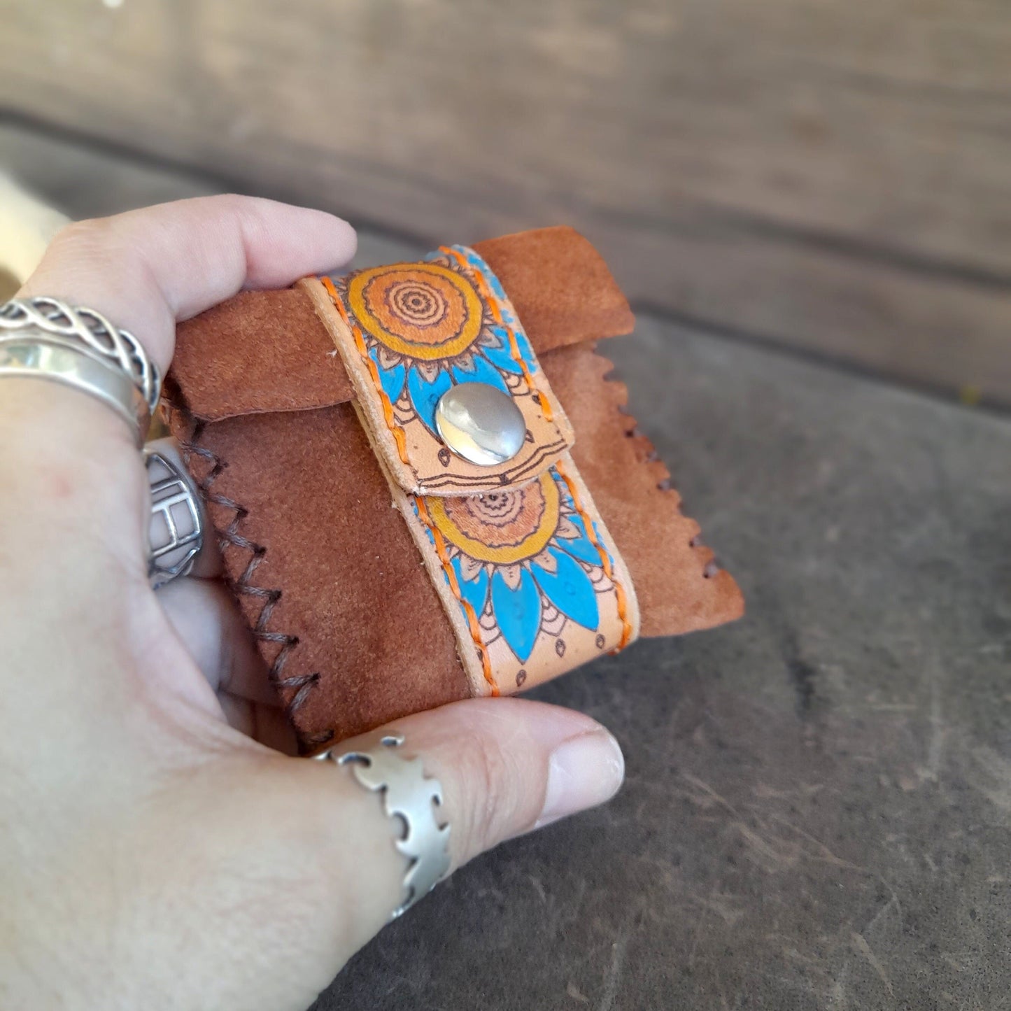 Hand Painted Brown Suede Coin Pouch