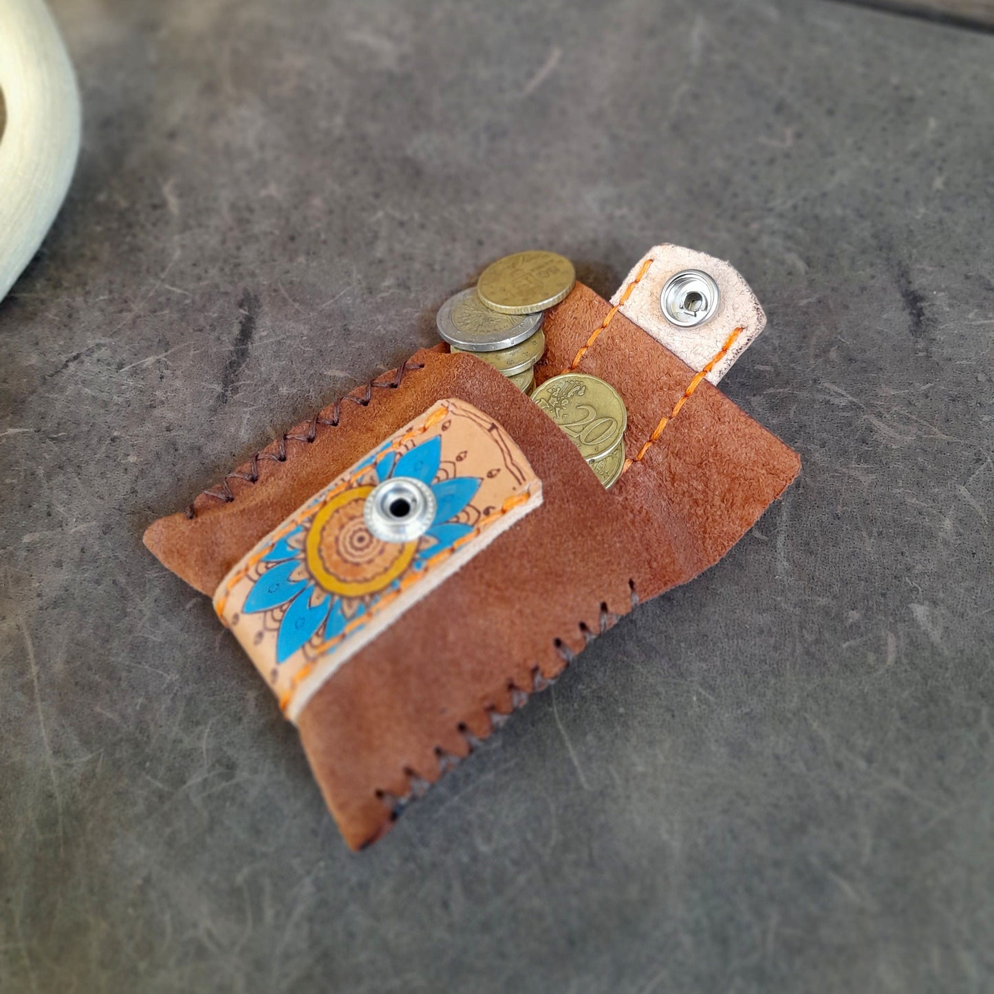 Hand Painted Brown Suede Coin Pouch