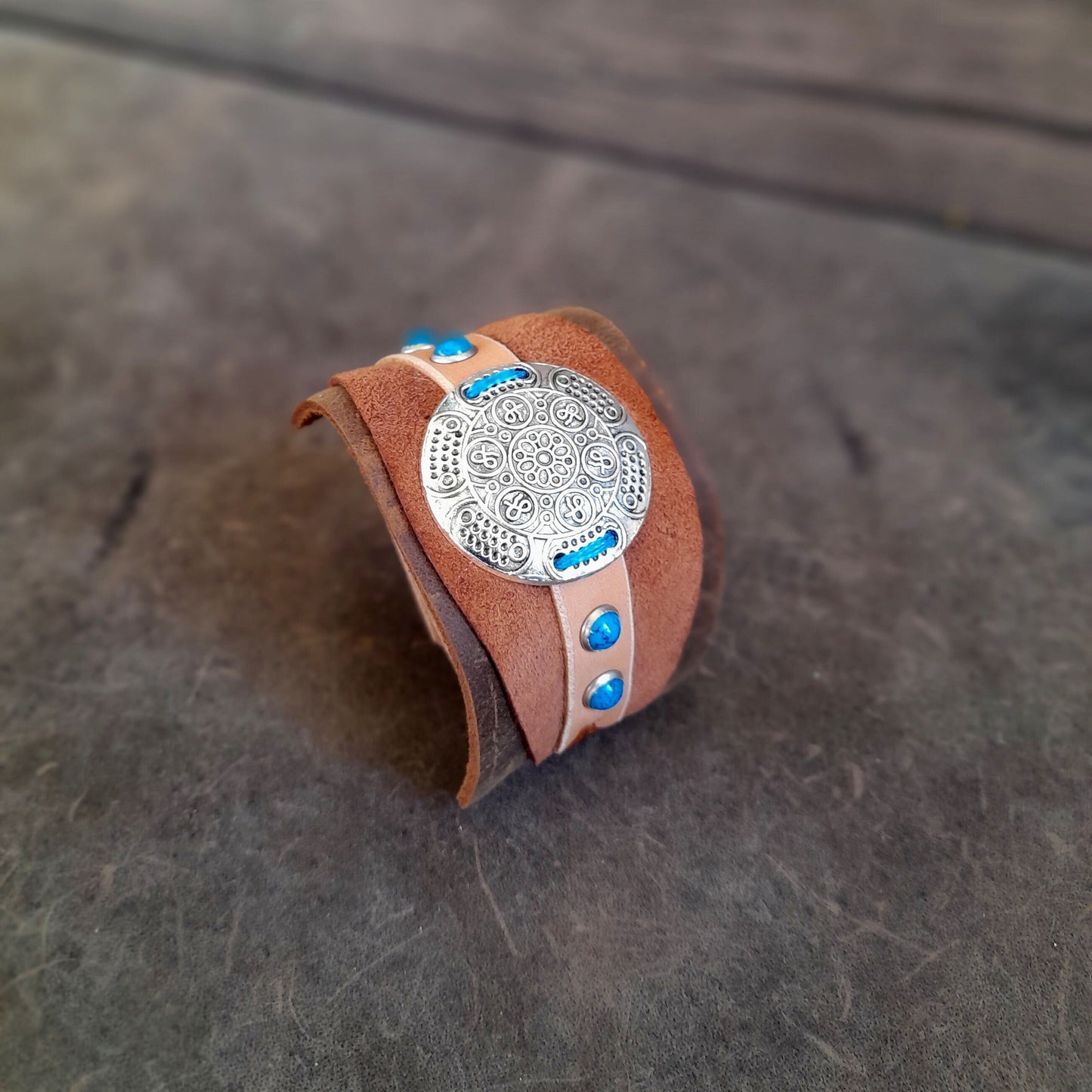 Extra Wide Boho Leather Cuff with Oversized Concho