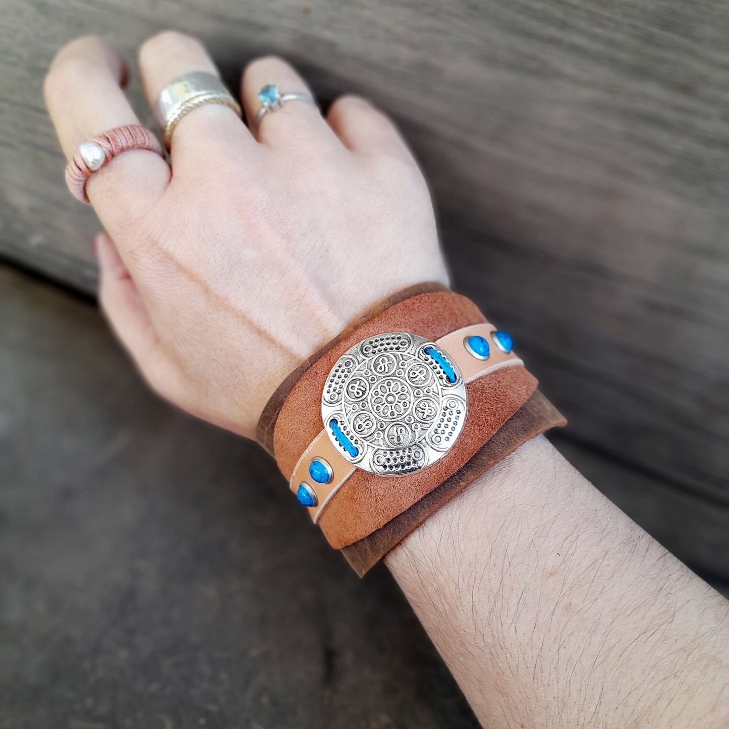 Extra Wide Boho Leather Cuff with Oversized Concho