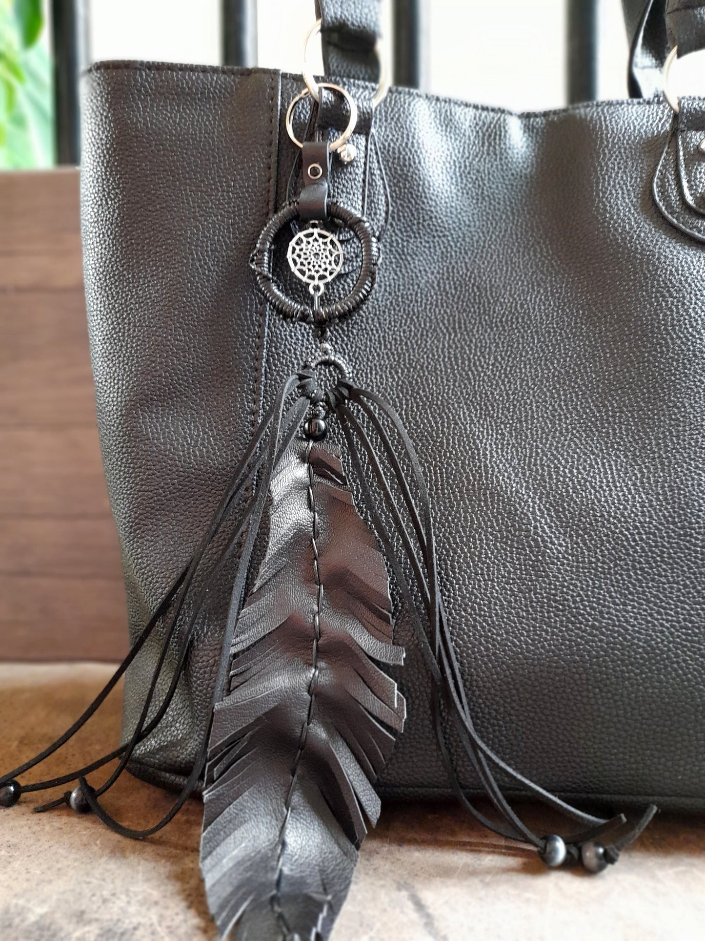 Long Leather Feather Bag Charm with Black Fringe and Silver Dreamcatcher