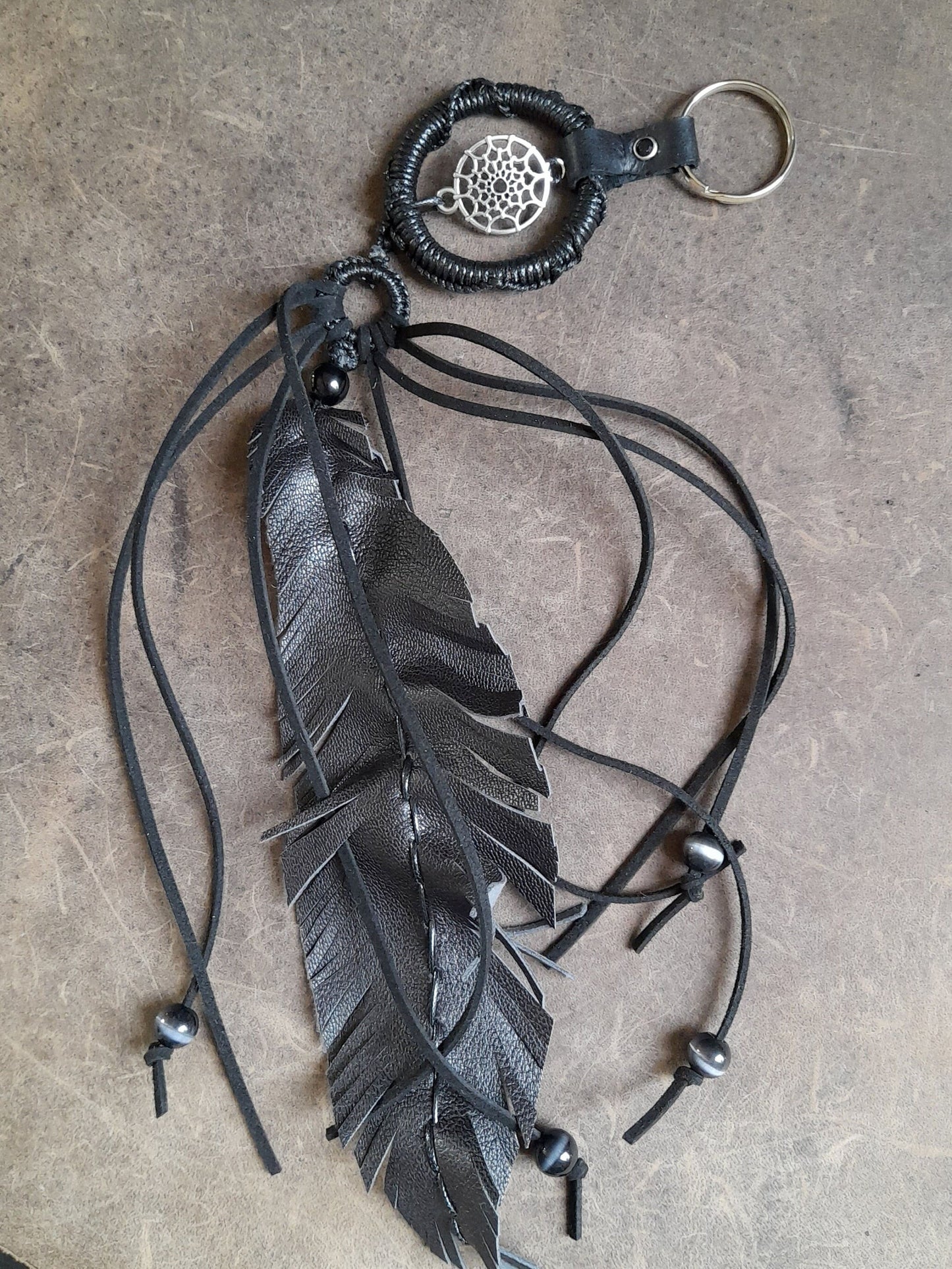 Long Leather Feather Bag Charm with Black Fringe and Silver Dreamcatcher