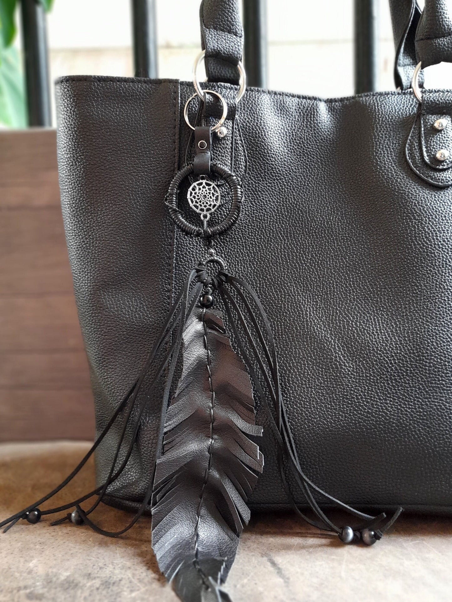 Long Leather Feather Bag Charm with Black Fringe and Silver Dreamcatcher