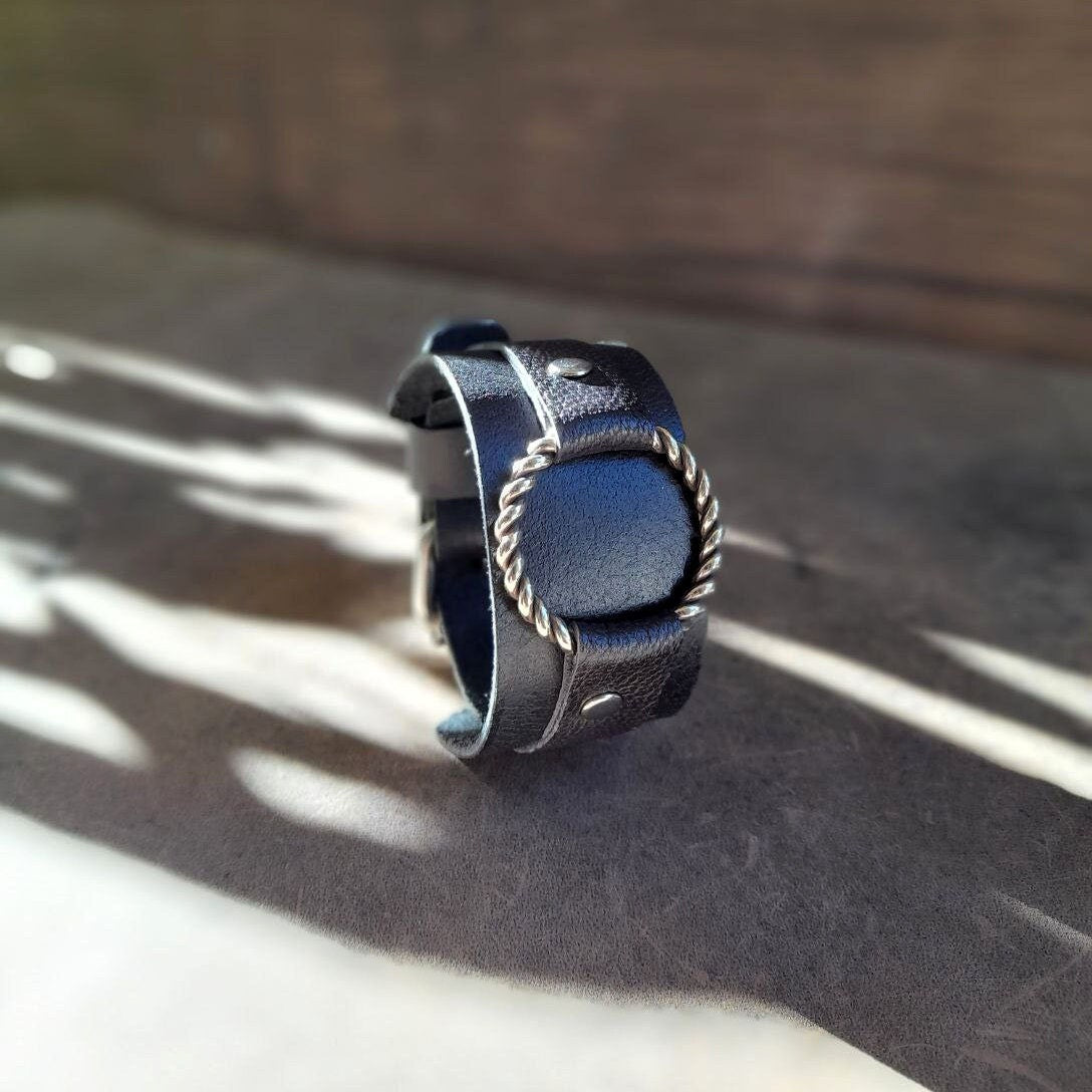 Black Leather Cuff Bracelet with Braided Brass Metal Ring