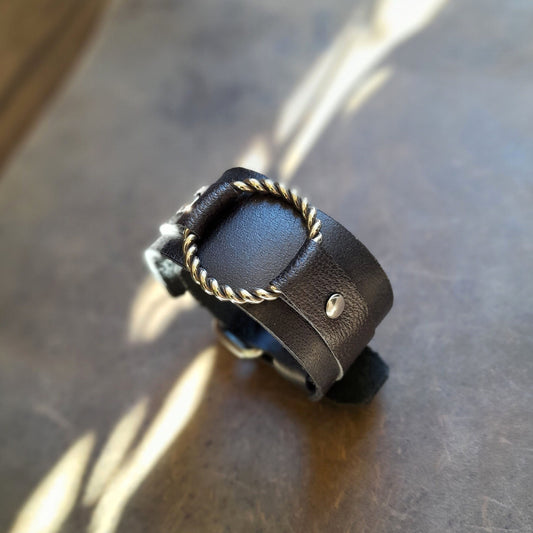 Black Leather Cuff Bracelet with Braided Brass Metal Ring