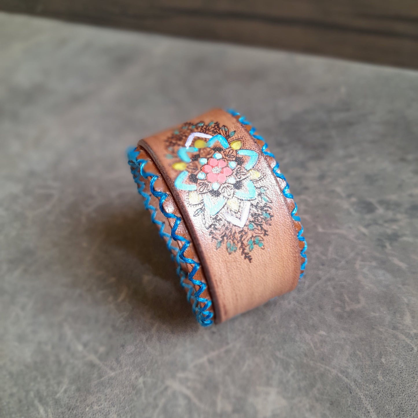 Hand Painted Mandala Flower Leather Bracelet