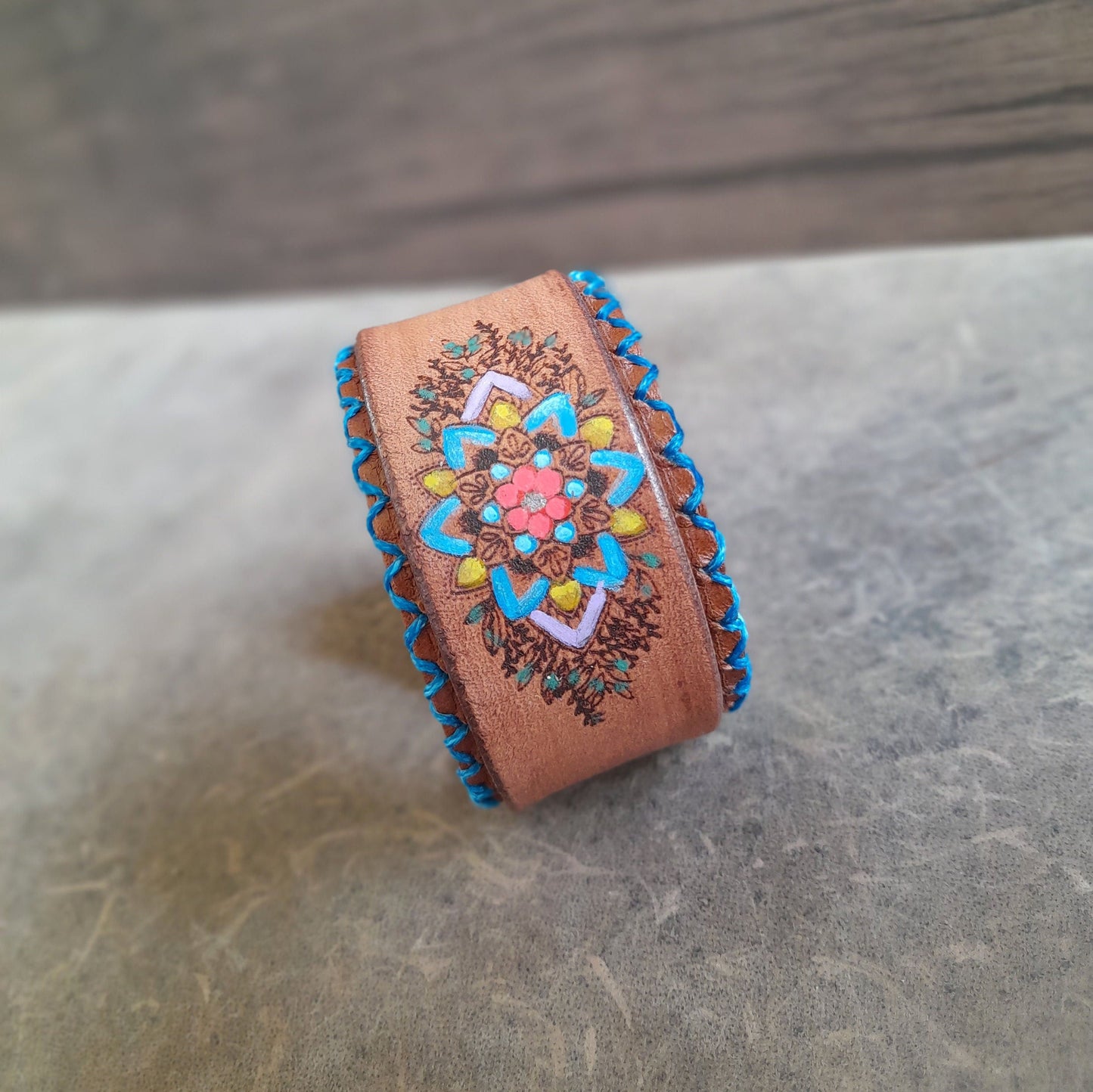 Hand Painted Mandala Flower Leather Bracelet