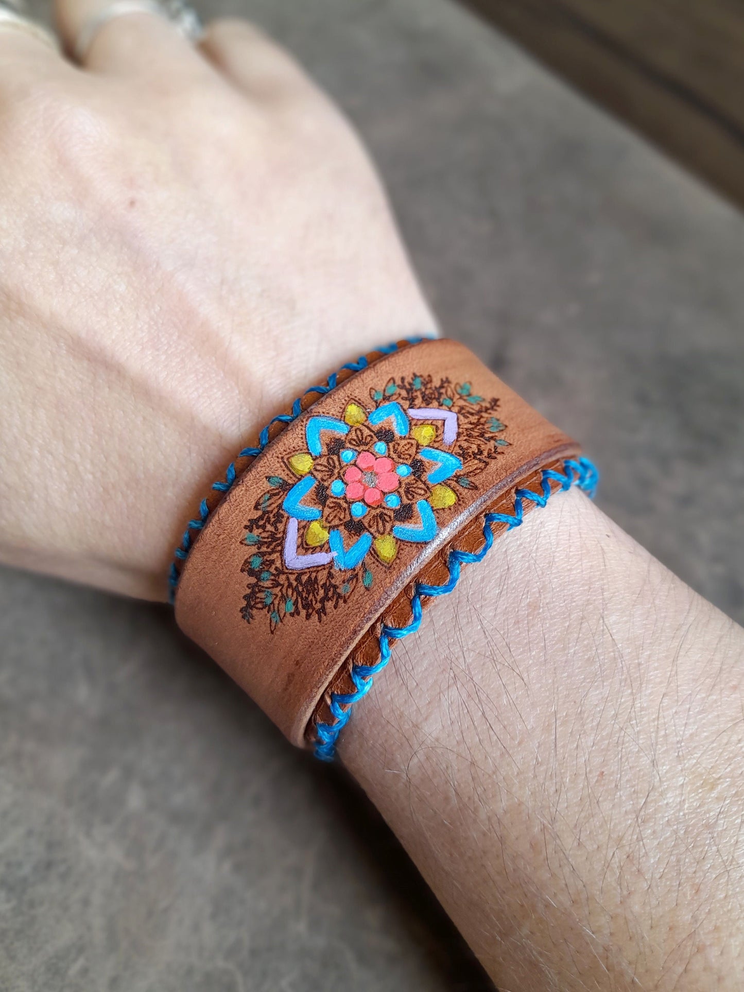 Hand Painted Mandala Flower Leather Bracelet