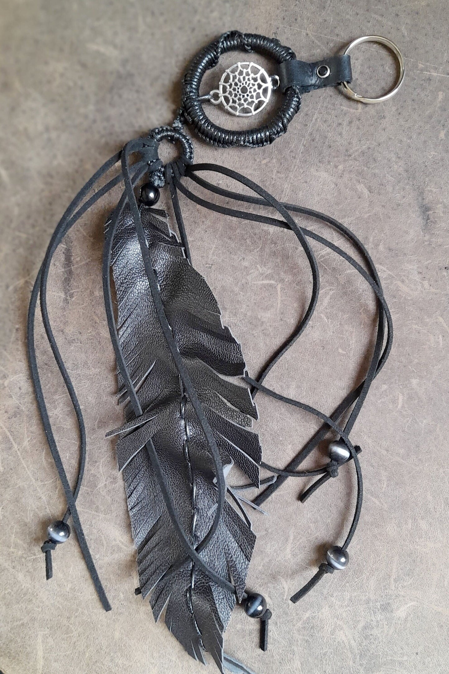 Long Leather Feather Bag Charm with Black Fringe and Silver Dreamcatcher