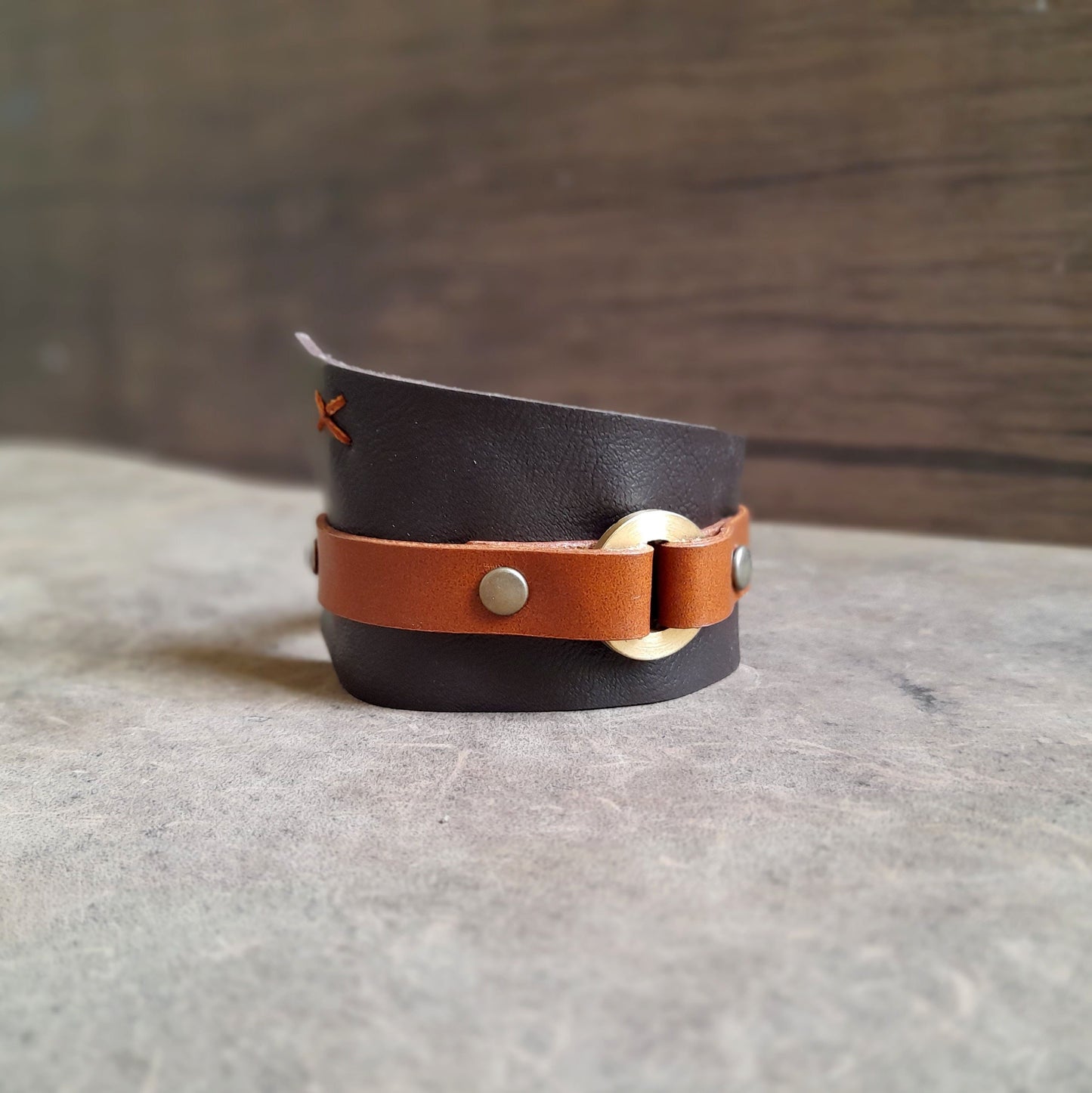 Handmade Brass O Ring Asymmetrical Leather Cuff