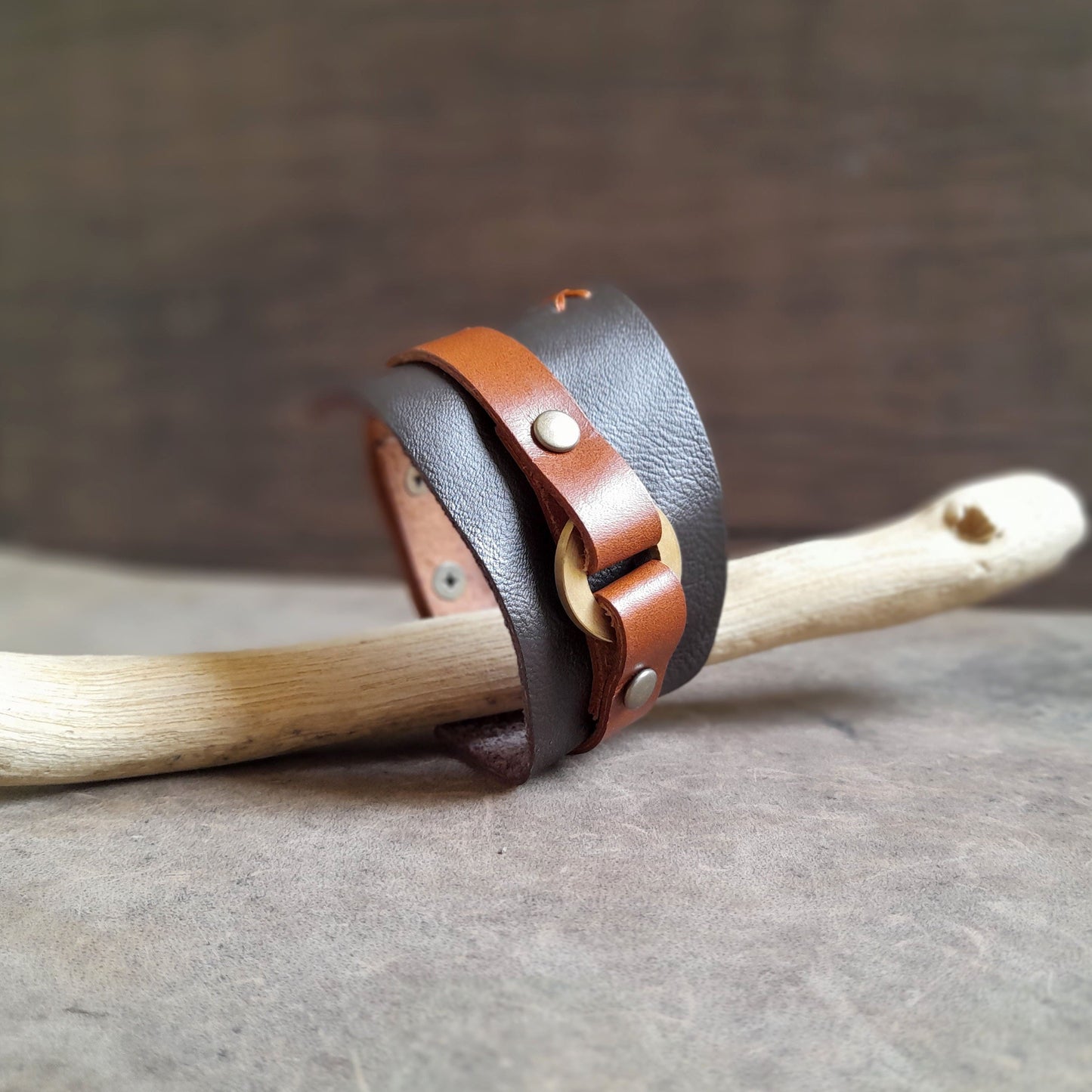 Handmade Brass O Ring Asymmetrical Leather Cuff