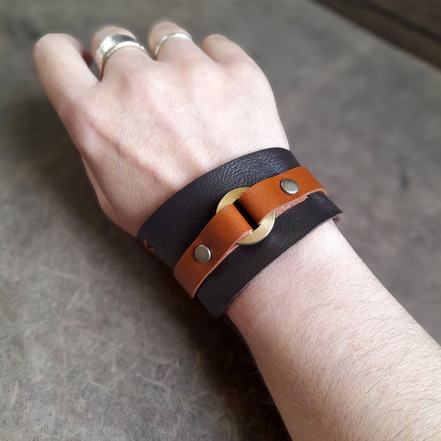 Handmade Brass O Ring Asymmetrical Leather Cuff