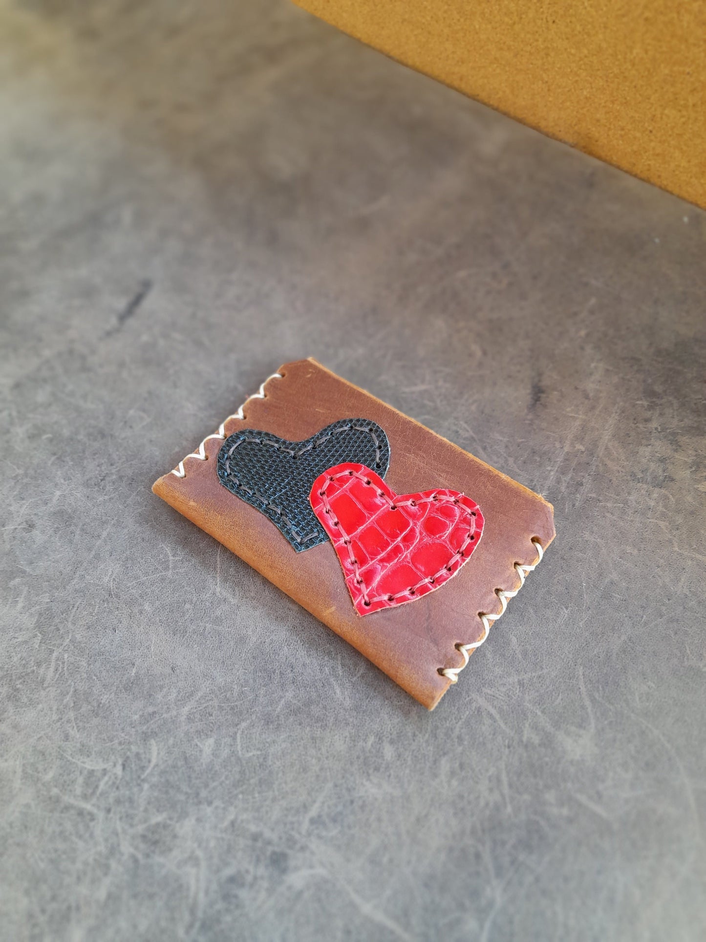 Handmade Leather Card Holder with Hearts