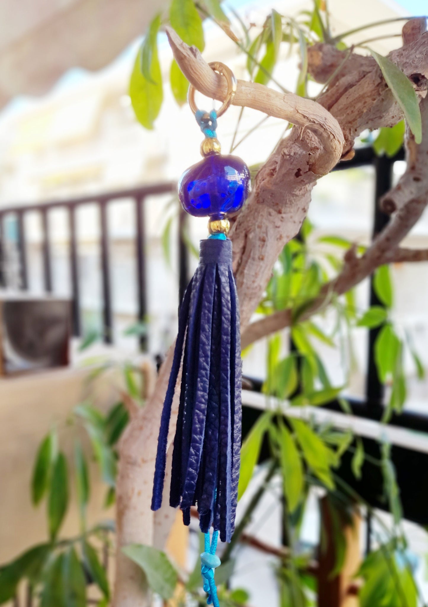 Blue Leather Tassel Bag Charm