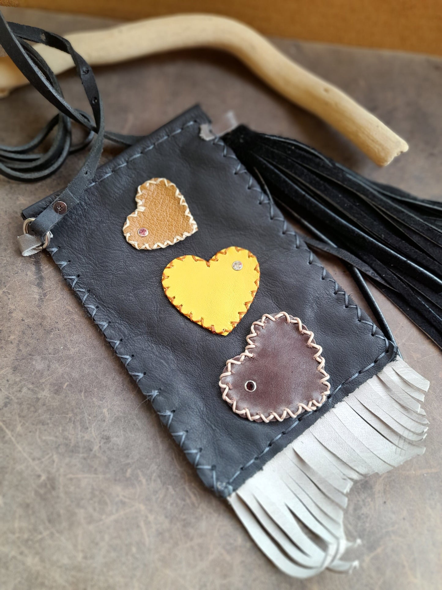 Leather Phone Bag with Hearts and Long Tassel