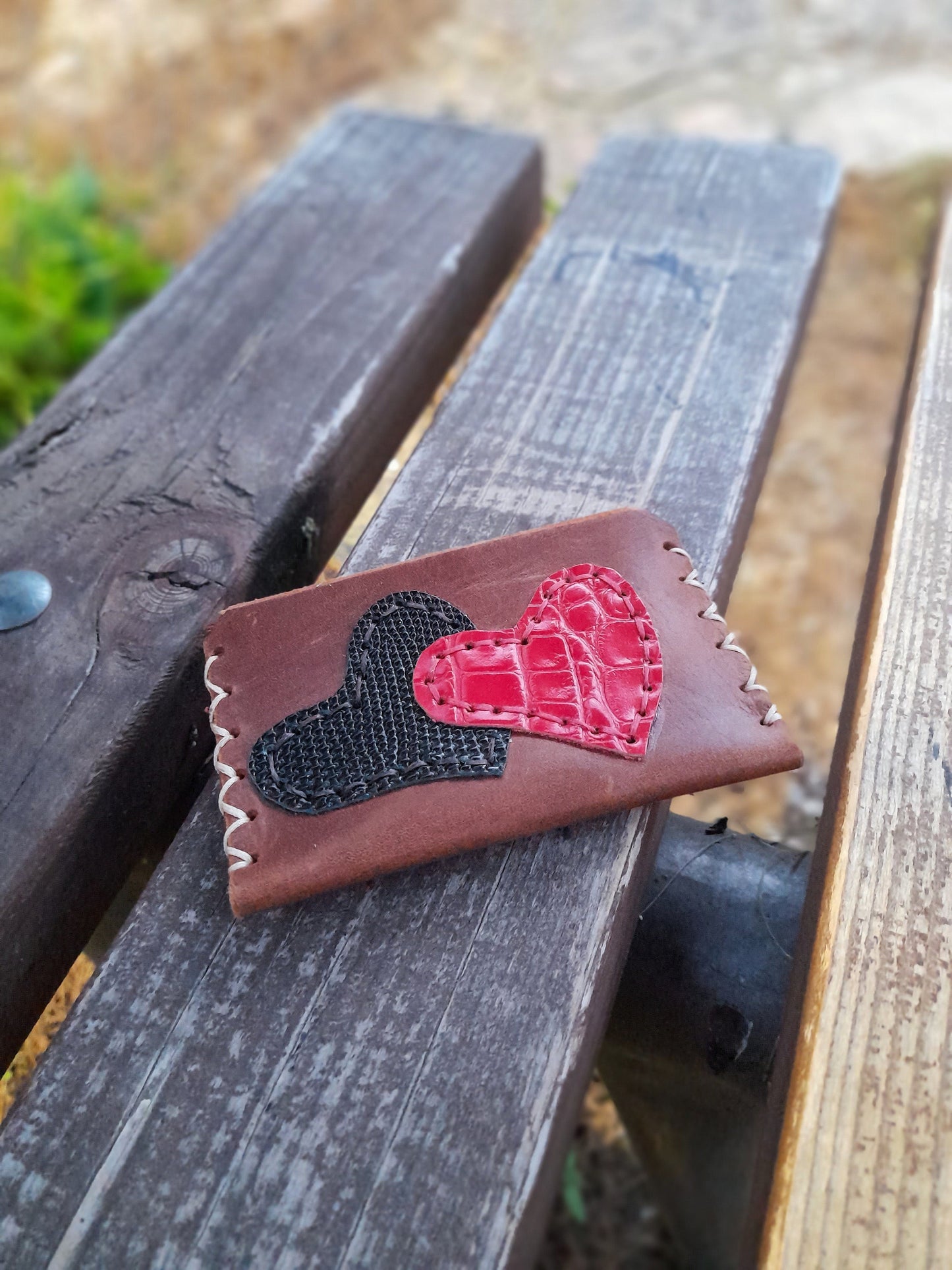 Handmade Leather Card Holder with Hearts