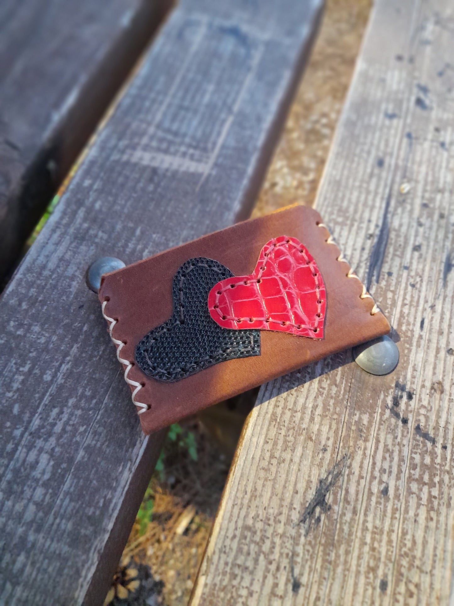 Handmade Leather Card Holder with Hearts