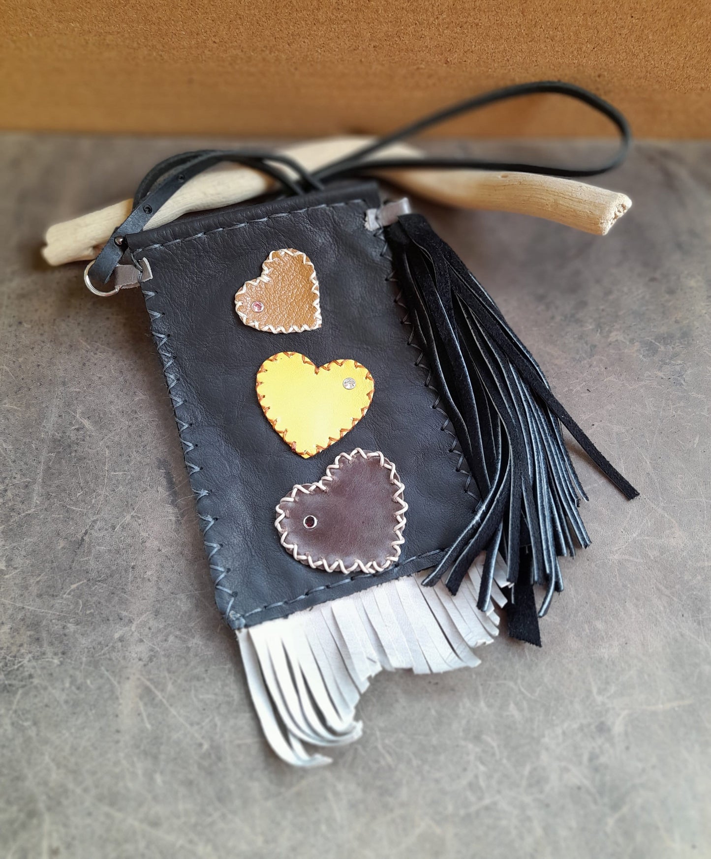 Leather Phone Bag with Hearts and Long Tassel