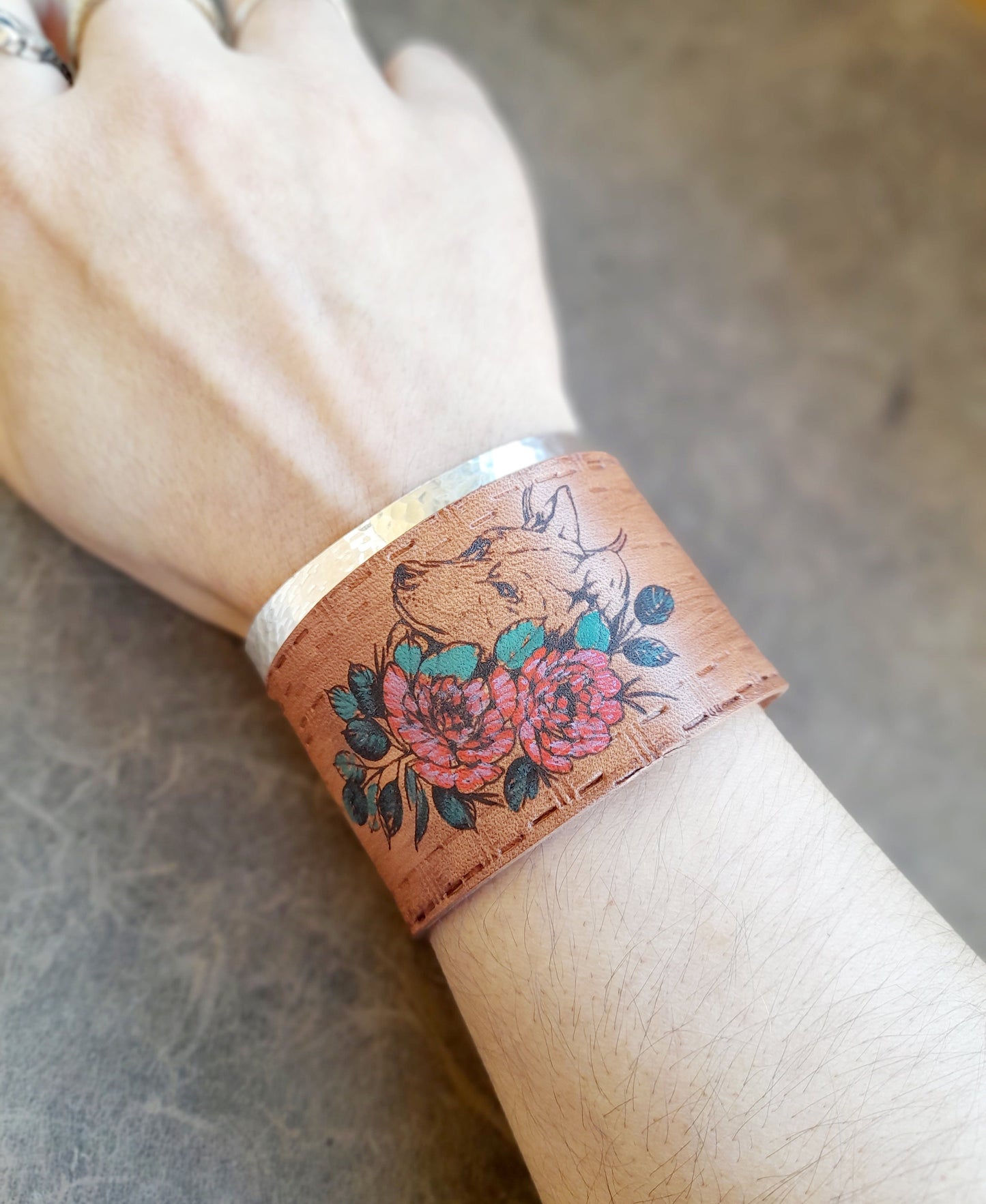 Hand Painted Floral She-Wolf Leather Bracelet