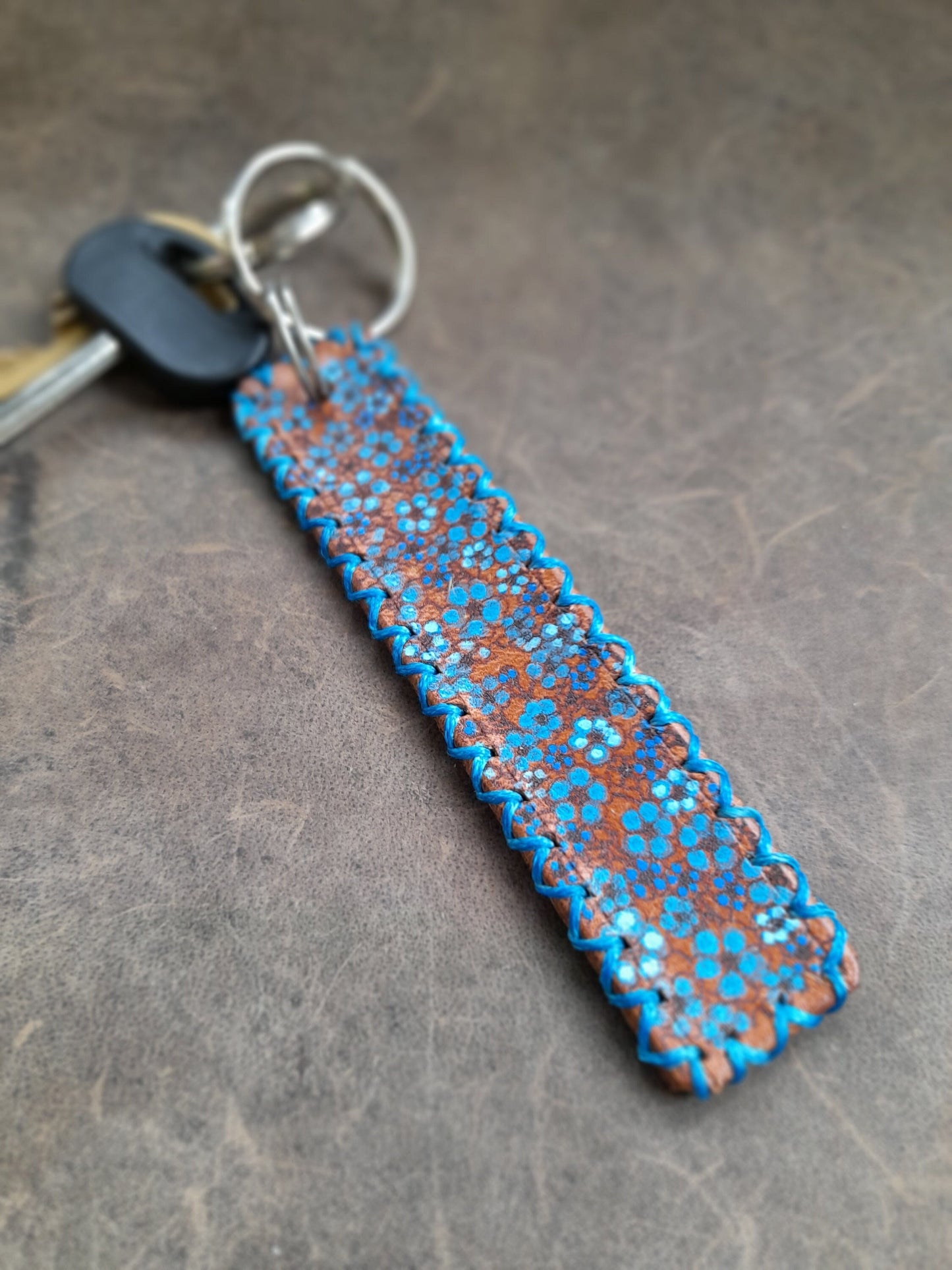 Hand Painted Forget me not Personalized Leather Keychain