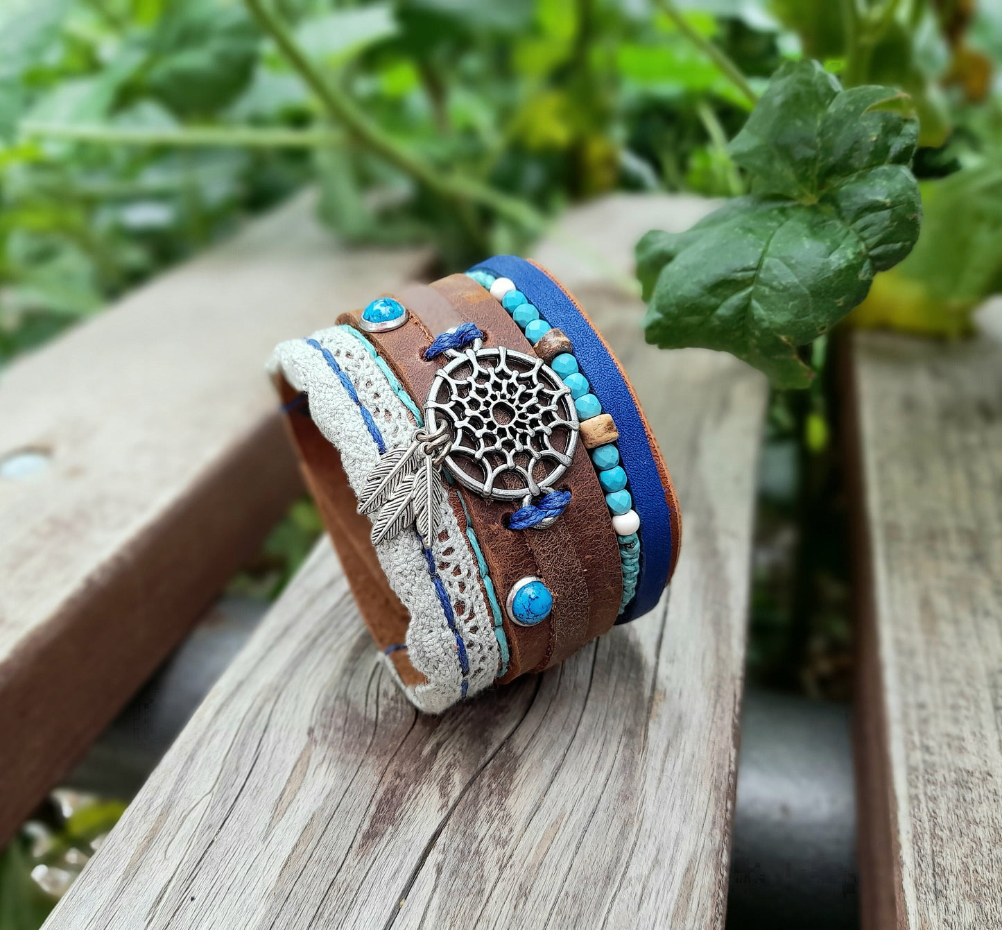 Extra Wide Dream Catcher Boho Leather Cuff