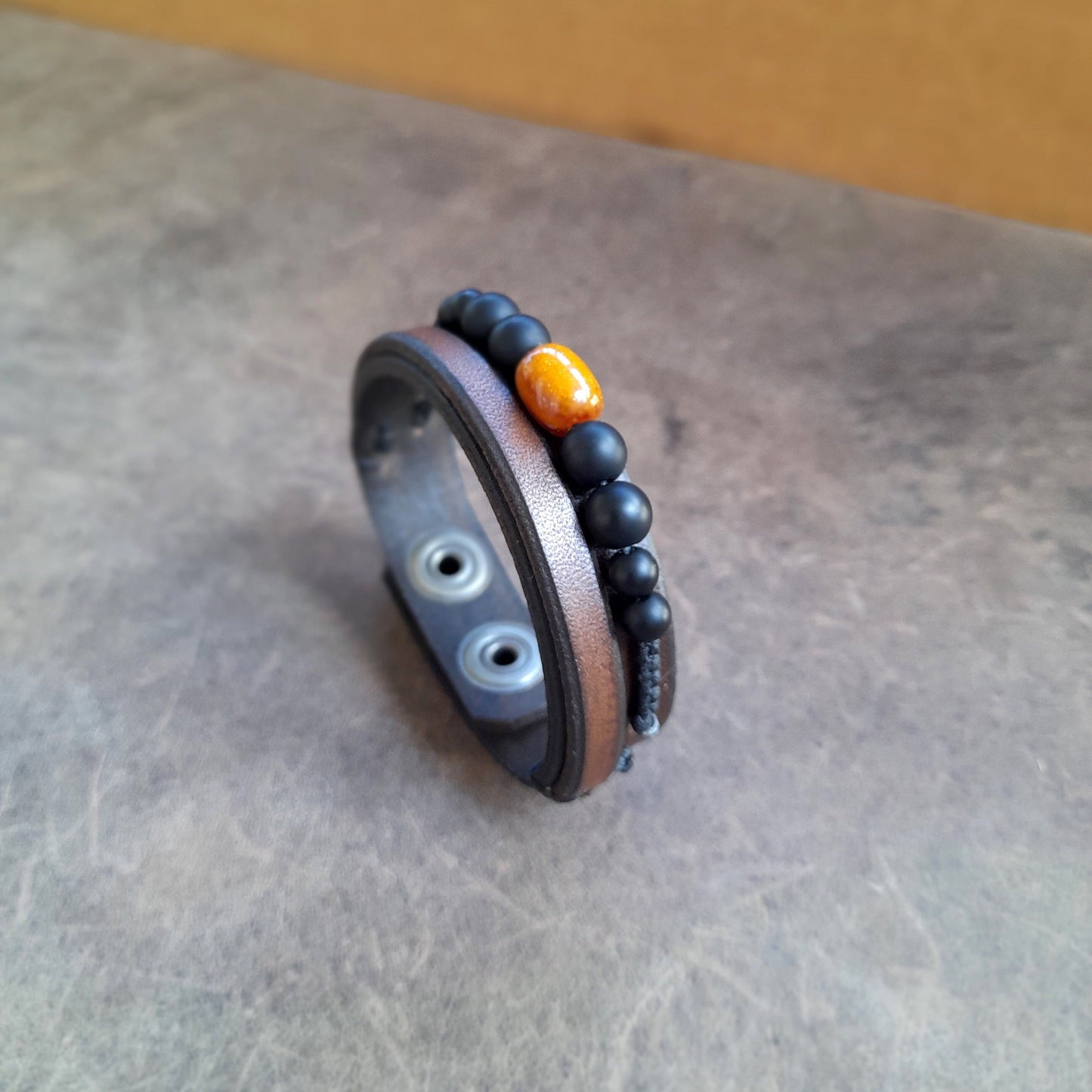 Men Leather Beaded Bracelet with Amber, Matte Black Onyx