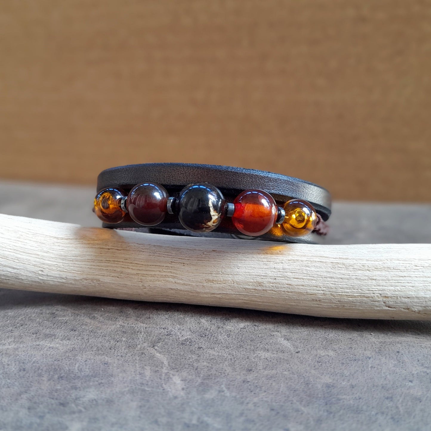 Beaded Gemstone Leather Bracelet for Men