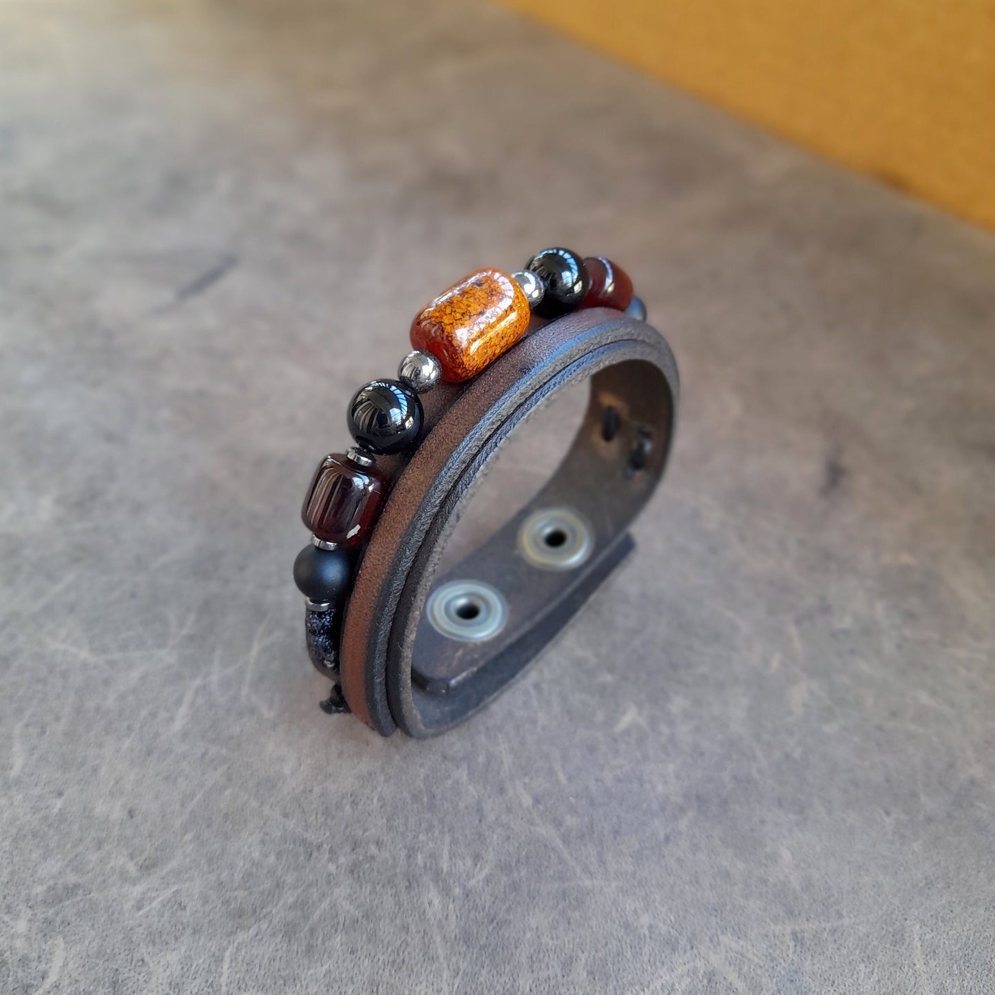 Amber and Onyx Beaded Leather Bracelet for Men