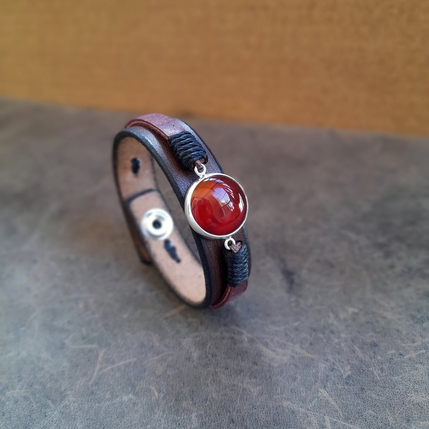 Unisex Red Carnelian Leather Bracelet, Silver 925