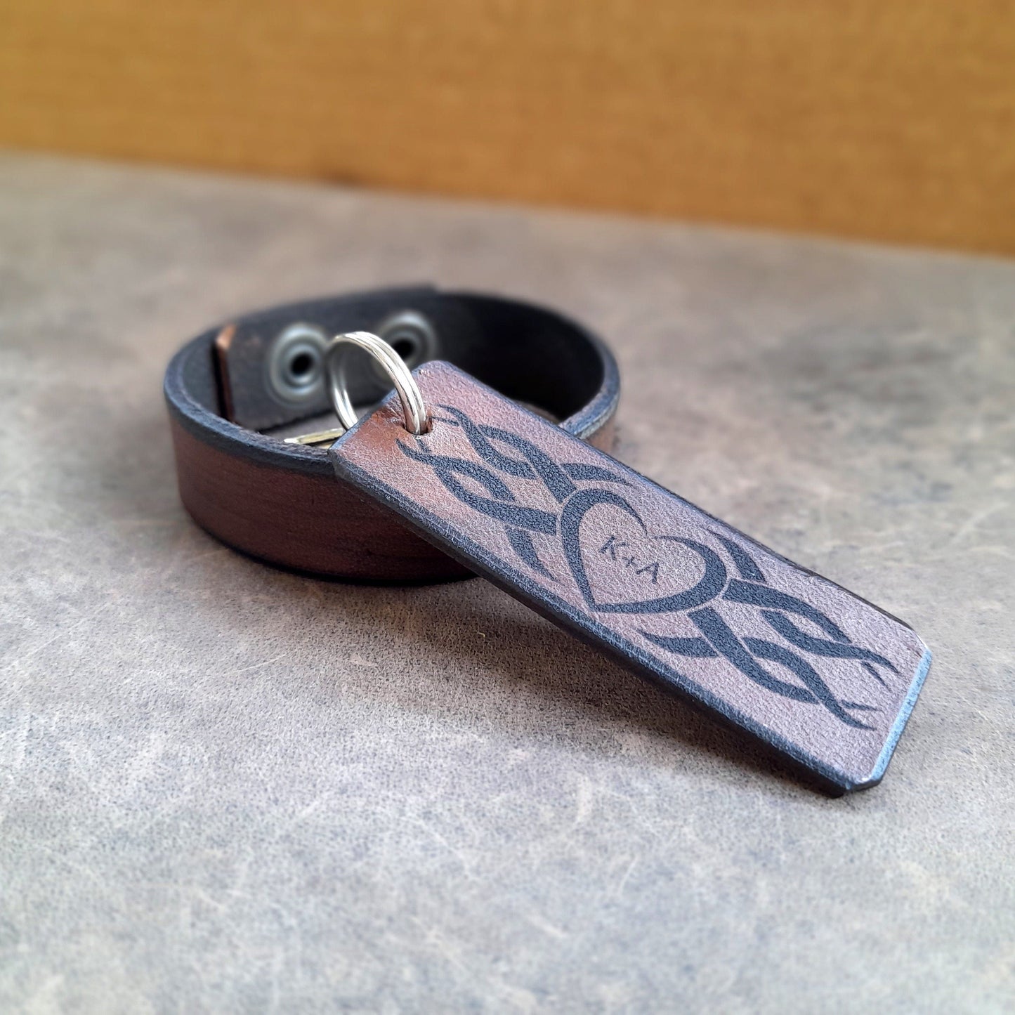 Tribal Leather Keychain with custom initials/monogram engraving