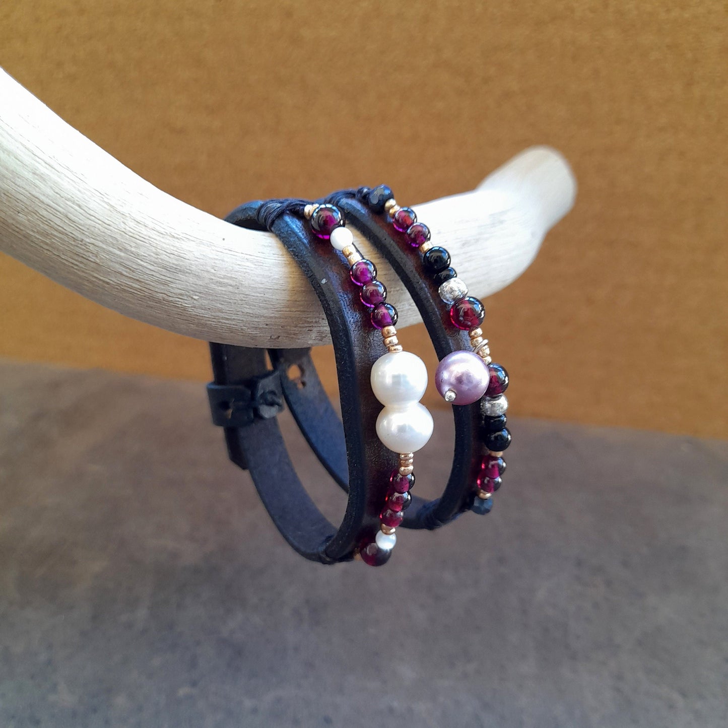 Stacking Leather Bracelets Set with Semi Precious Beads and Pearls