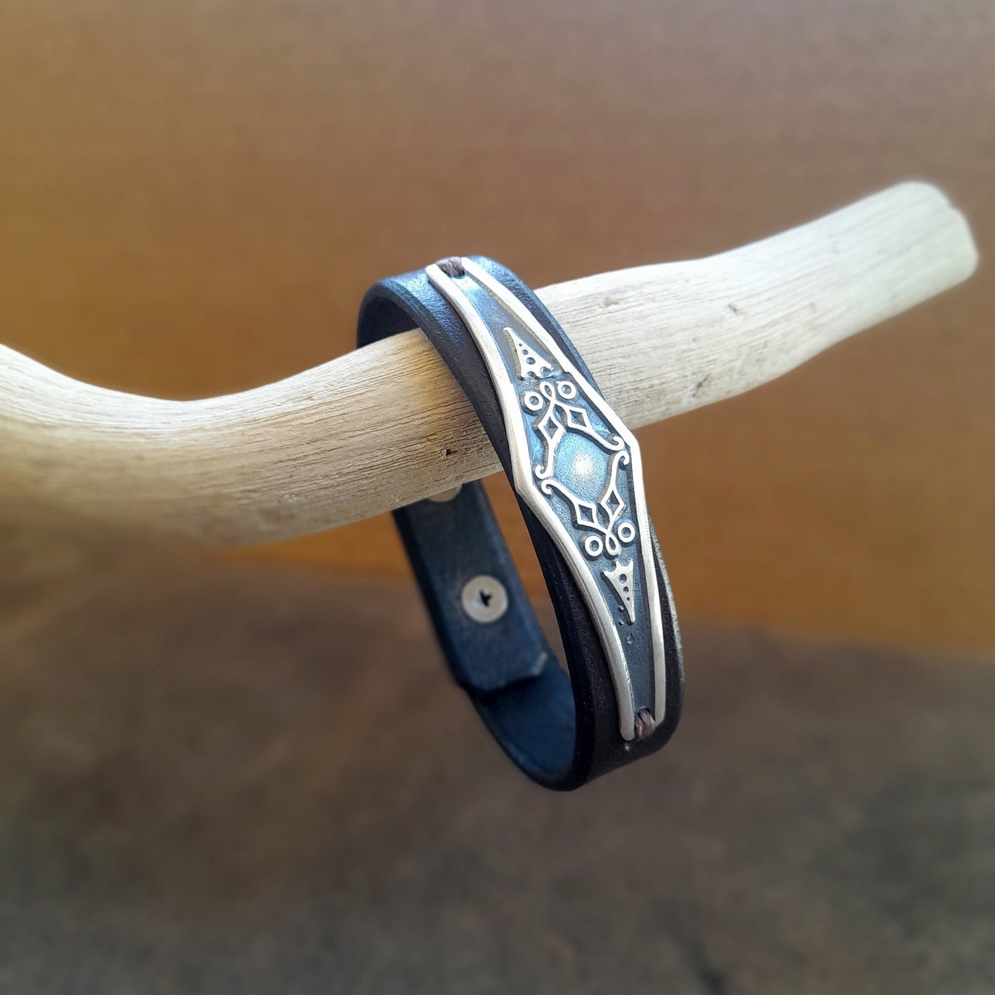 Antique Silver 925 Leather Bangle, Vintage Style