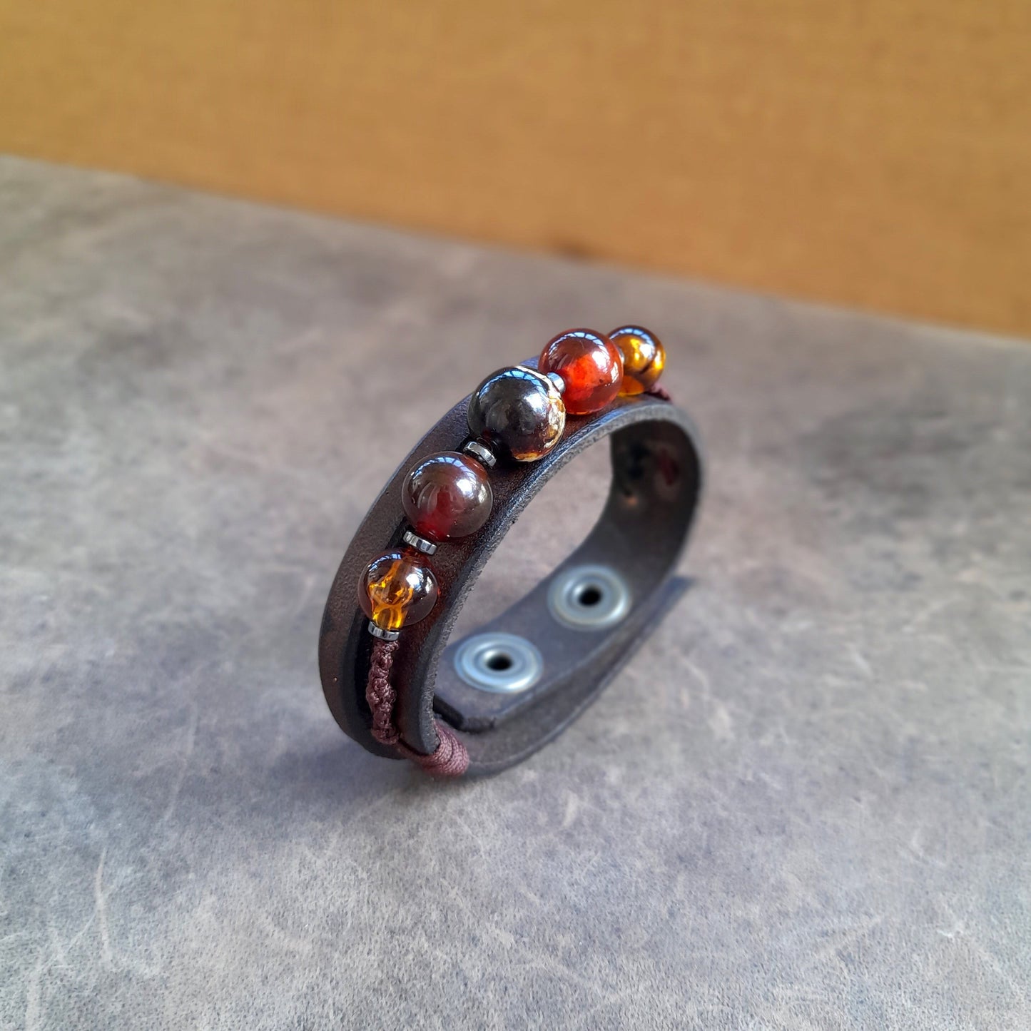 Beaded Gemstone Leather Bracelet for Men