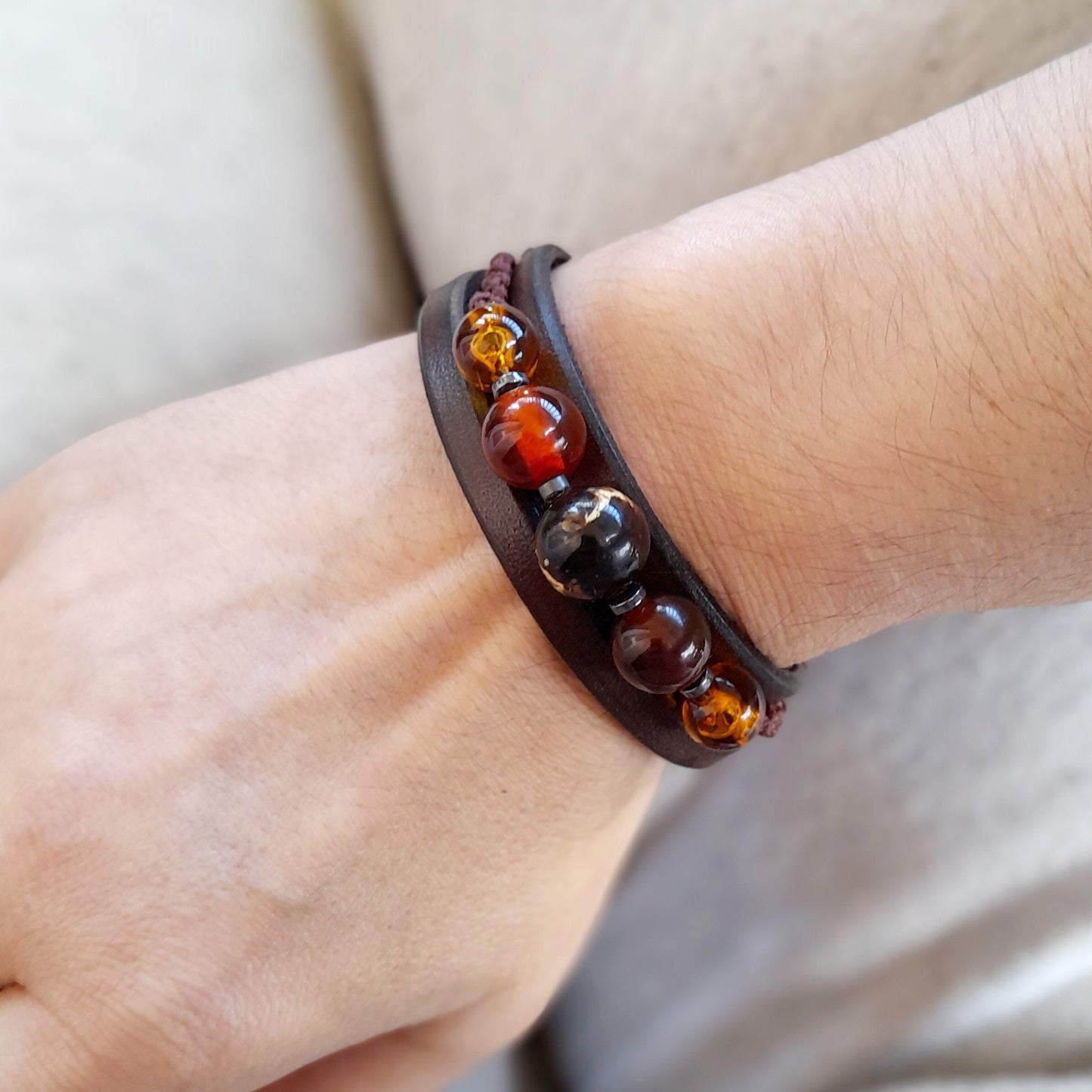 Beaded Gemstone Leather Bracelet for Men