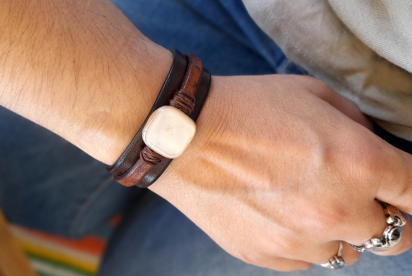 Natural Moonstone Leather Cuff Bracelet, Silver 925