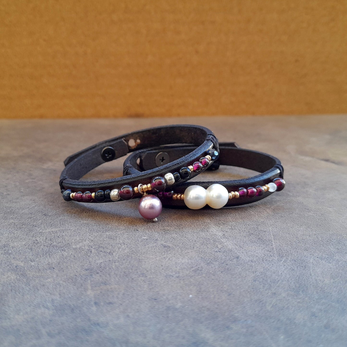 Stacking Leather Bracelets Set with Semi Precious Beads and Pearls