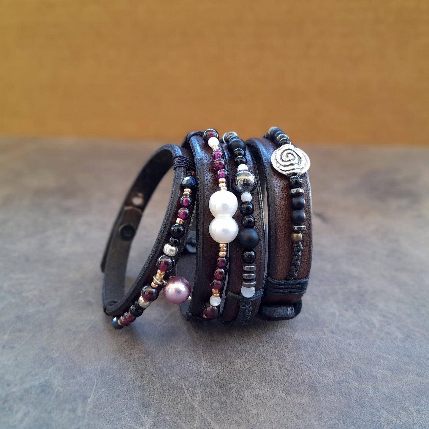 Stacking Leather Bracelets Set with Semi Precious Beads and Pearls