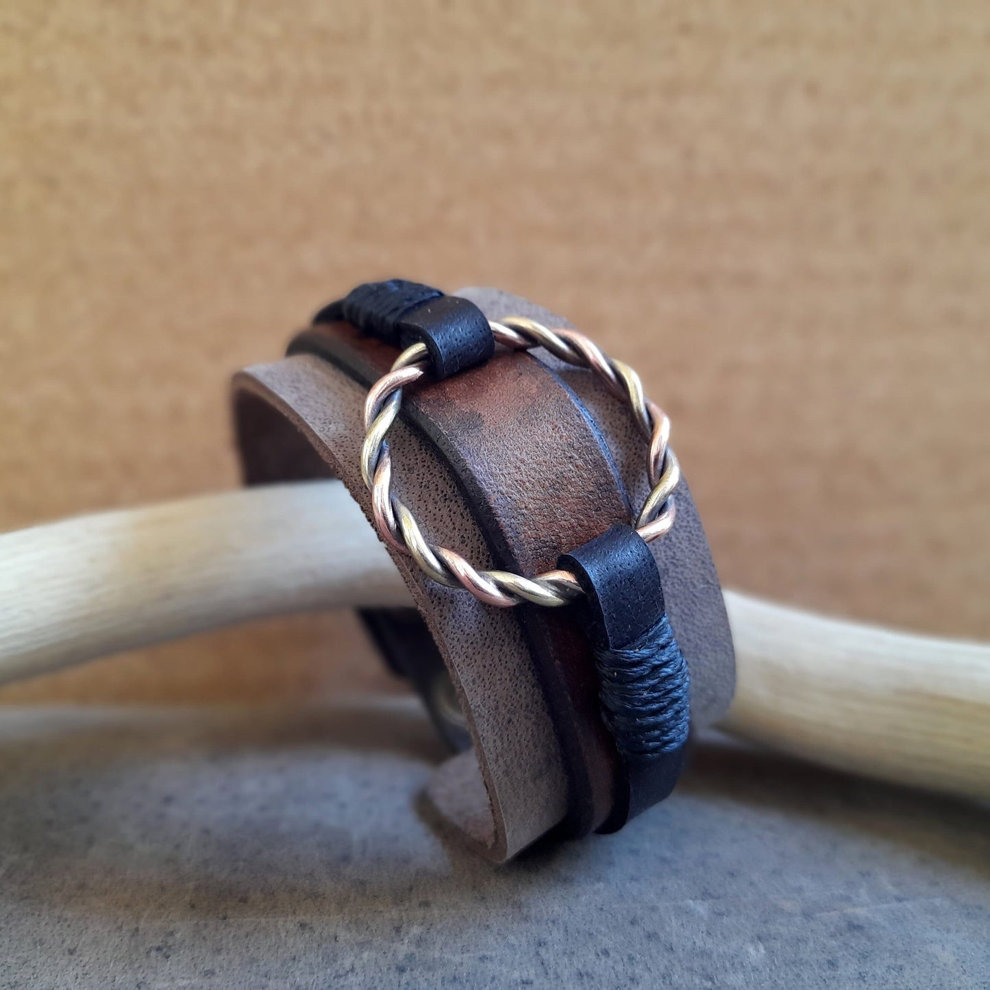 Mixed Twisted Metals O Ring Leather Cuff Bracelet